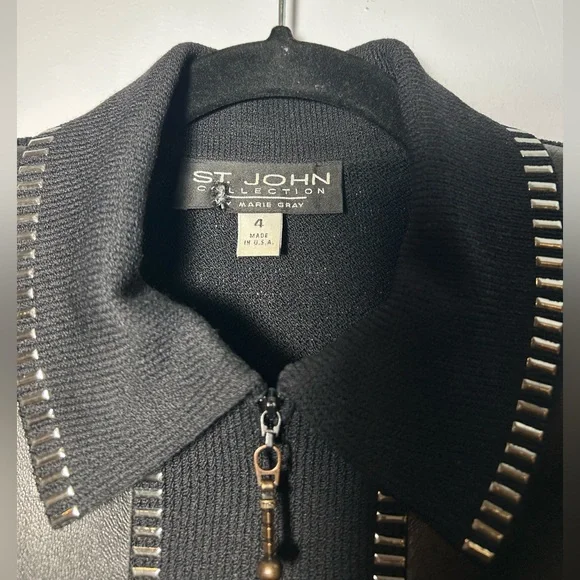 St. John Collection Black Leather Panel Zip Up Sweater - Picture 2 of 7